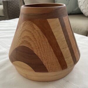 Vintage Mixed Wood Segmented Turned Wooden Bowl Planter Vase - MCM